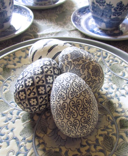 Decoupaged Egg Shapes in Delft-inspired Blue and White 